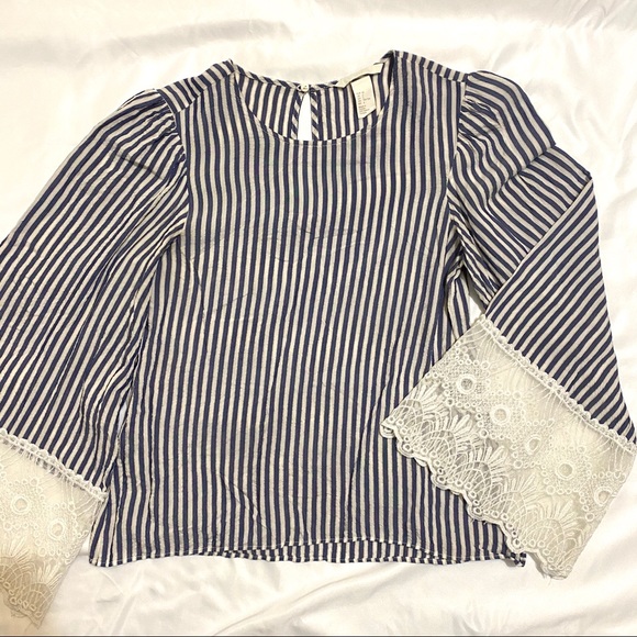 Striped Lace Trim Wide Sleeve Blouse Top H&M 2 XS - Picture 3 of 4